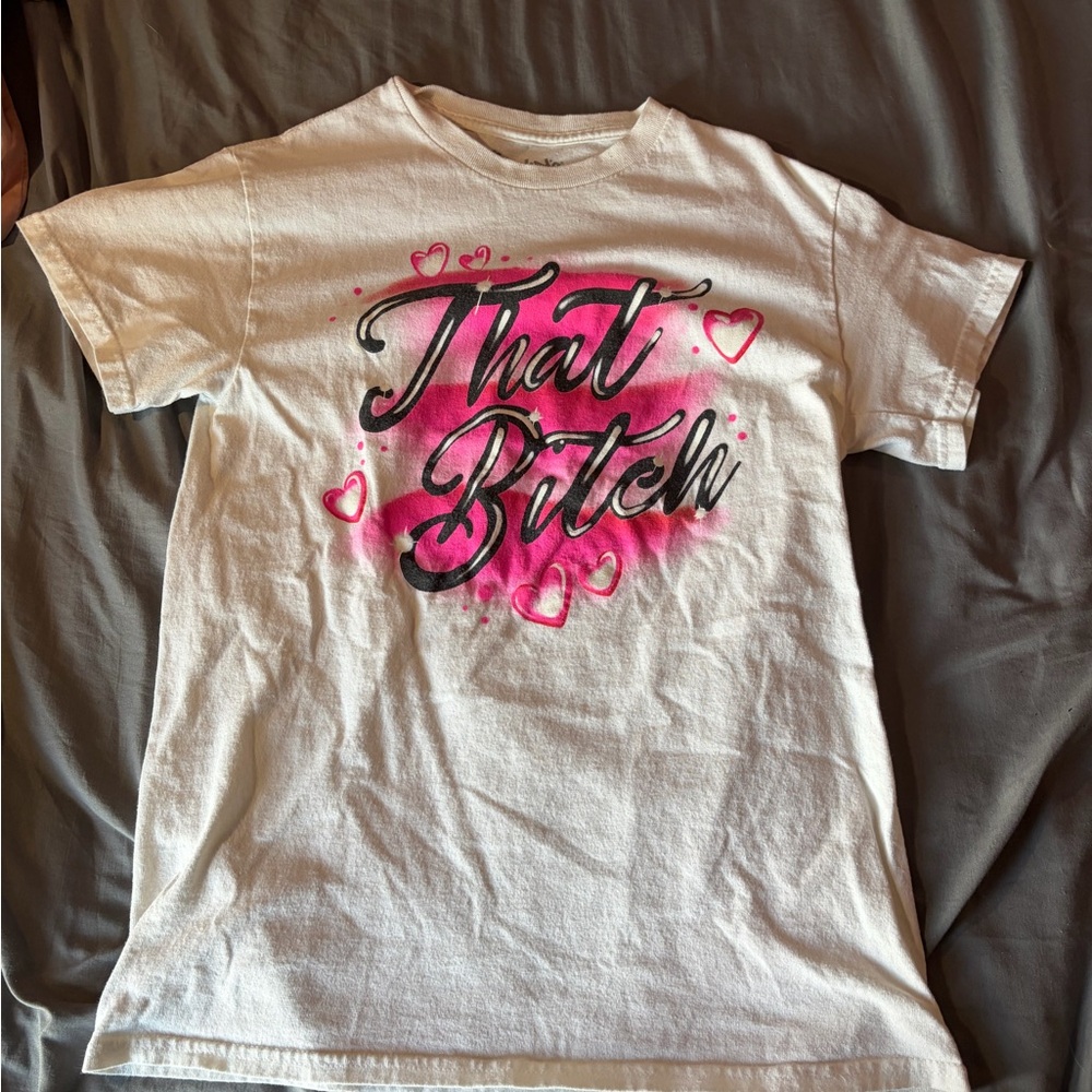 Spencer's White Tee with Pink Script and Black Accents